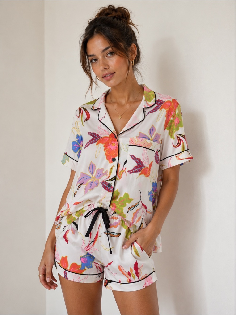 Stars Above Pajama Set M Floral Button Down Top & Shorts Sleep PJs Satin Summer